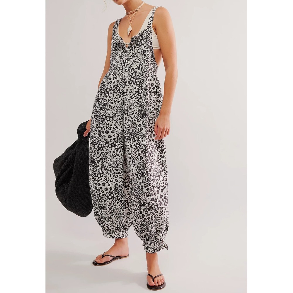 Free People Running Wild Jumpsuit Animal Print Washed Black Ballon Leg Overall S